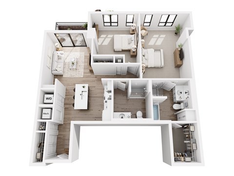Floor plan for 2 beds, 2 baths, 1037 sqft